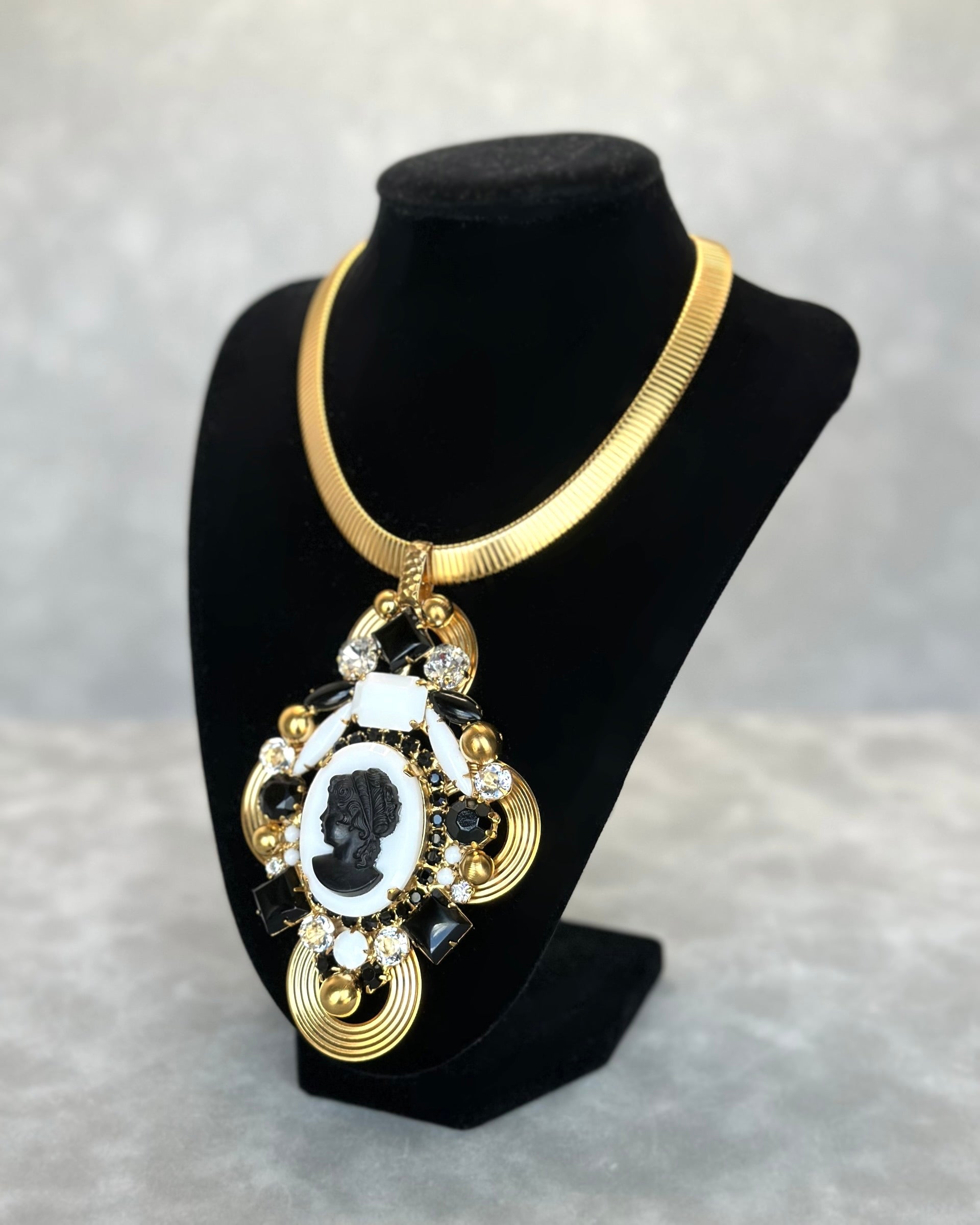 Black and White Pendant on Machine-Aged Chain