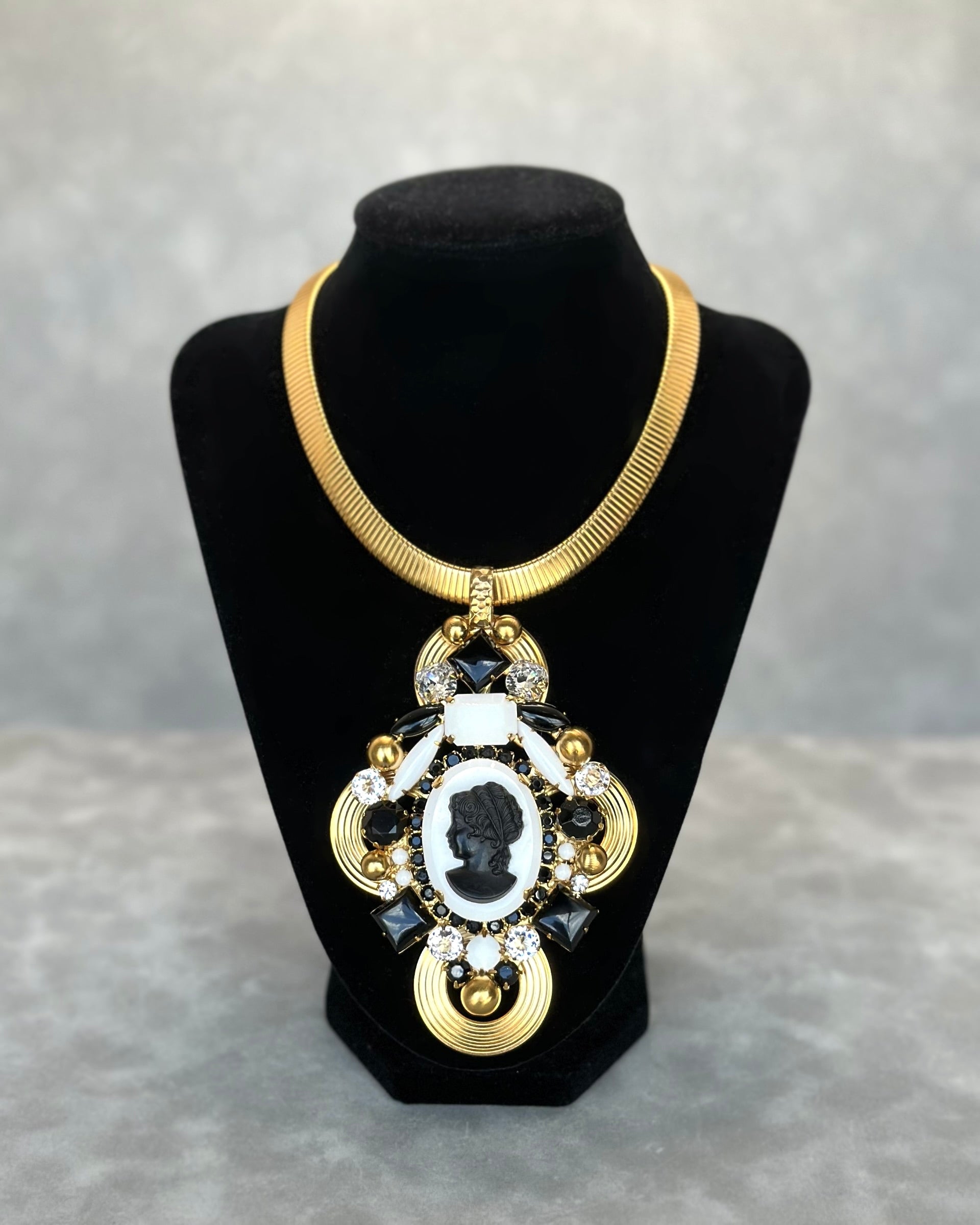 Black and White Pendant on Machine-Aged Chain