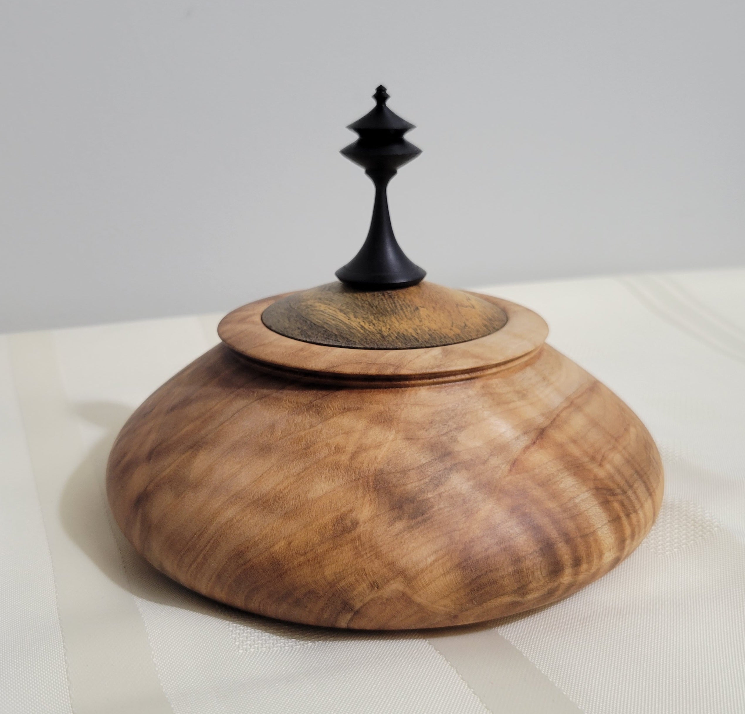 Figured Maple Hollow Form with African Blackwood Lid and Finial