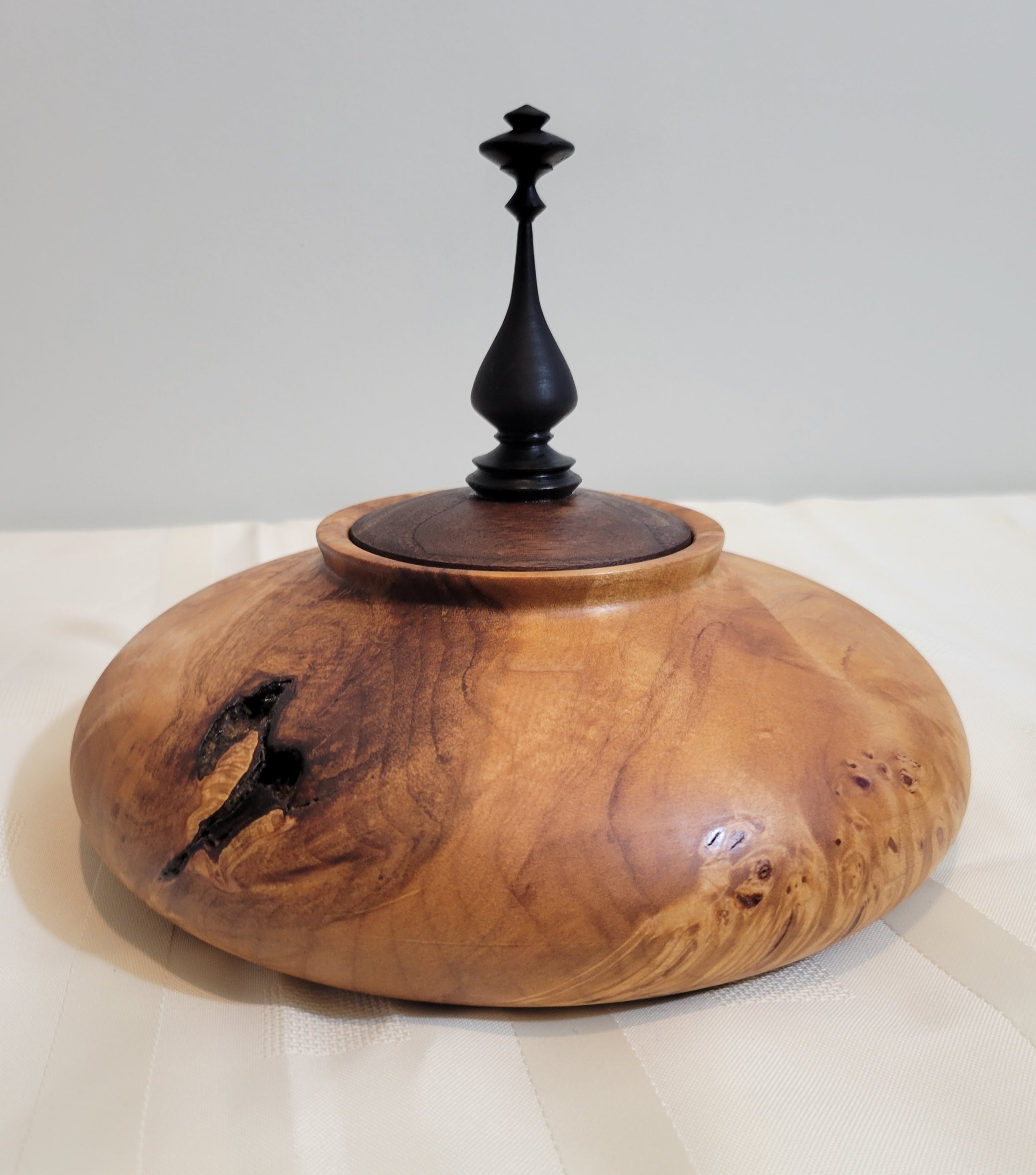 Figured Maple Hollow Form with Black Walnut Lid and African Blackwood Finial