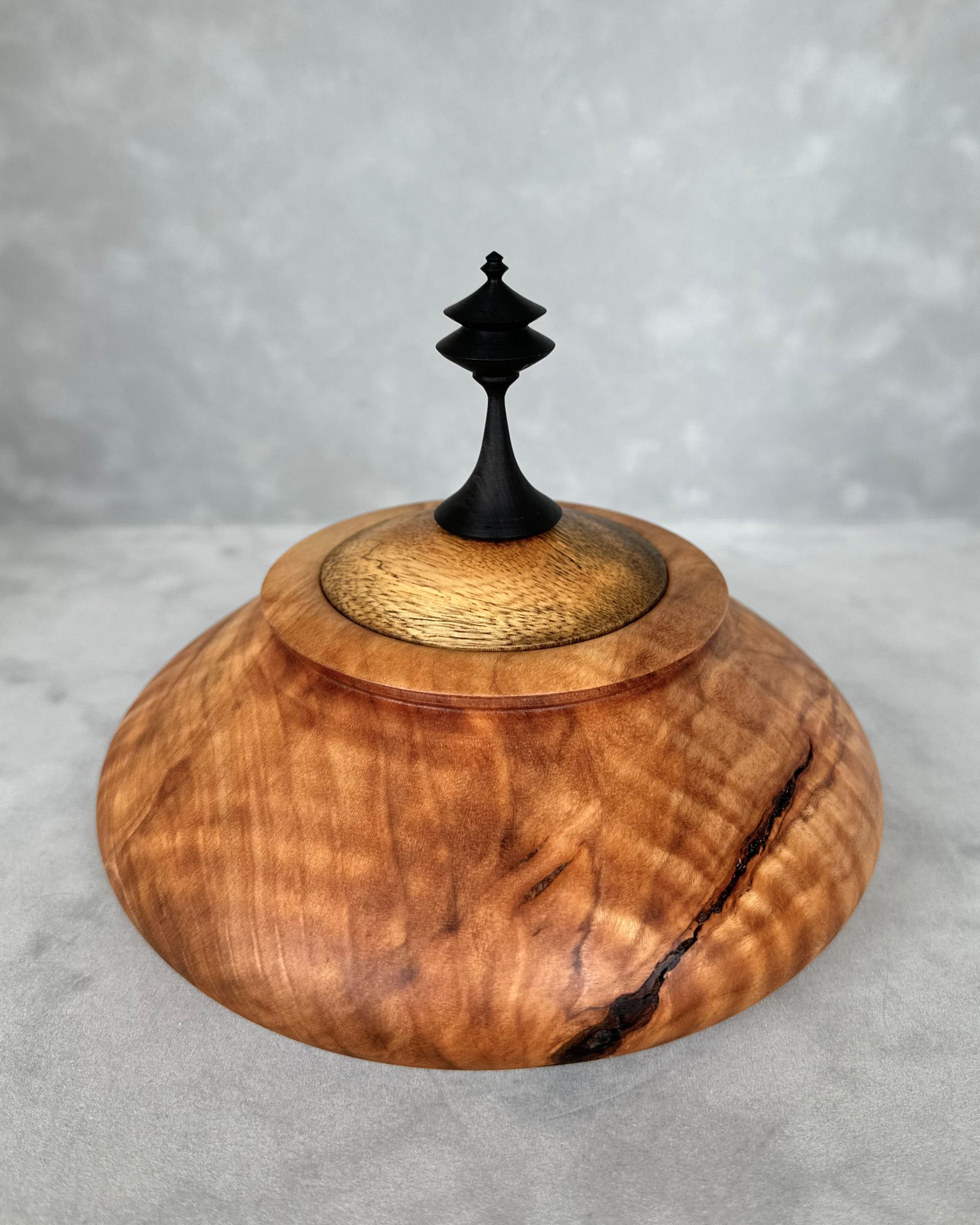 Figured Maple Hollow Form with African Blackwood Lid and Finial