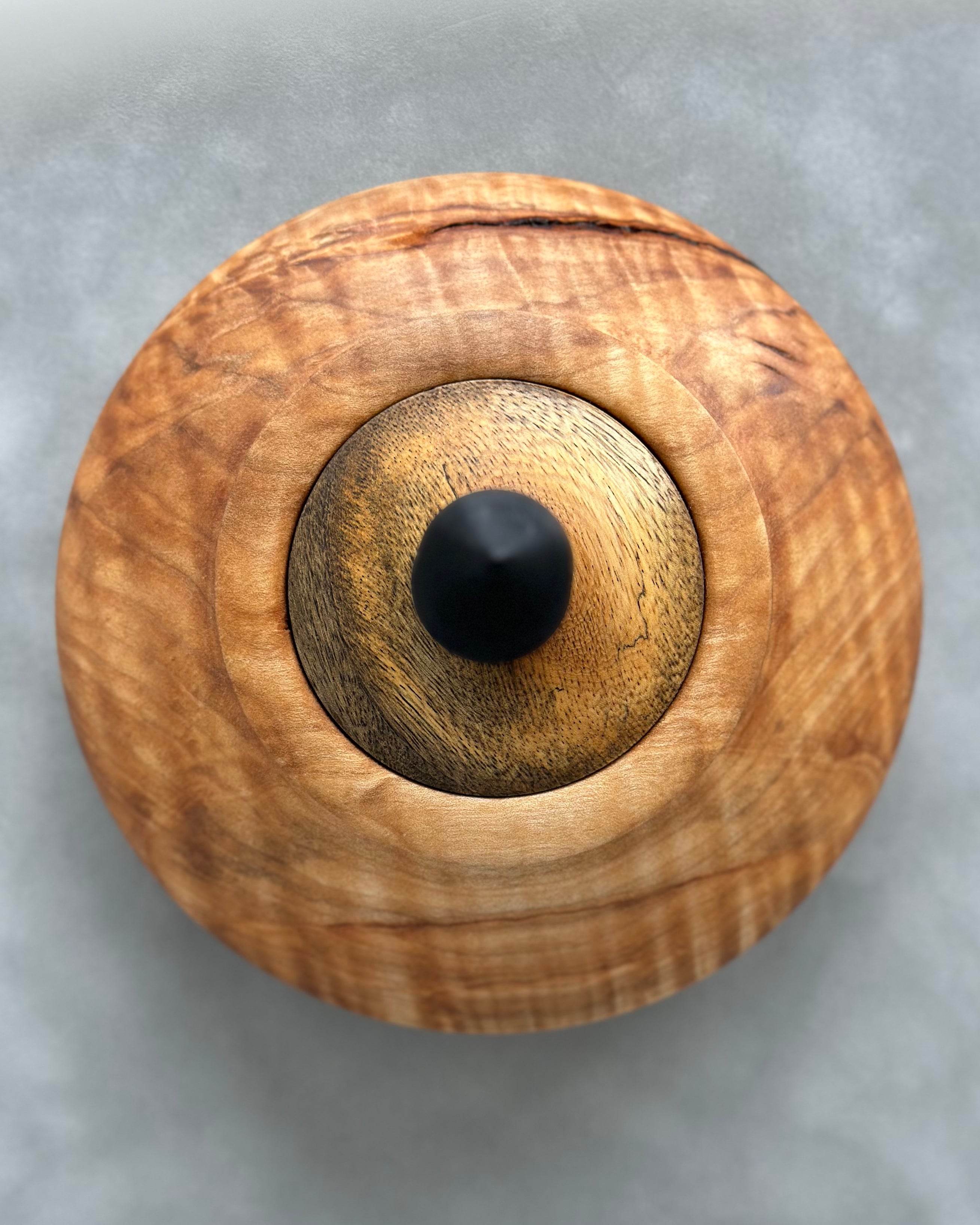 Figured Maple Hollow Form with African Blackwood Lid and Finial