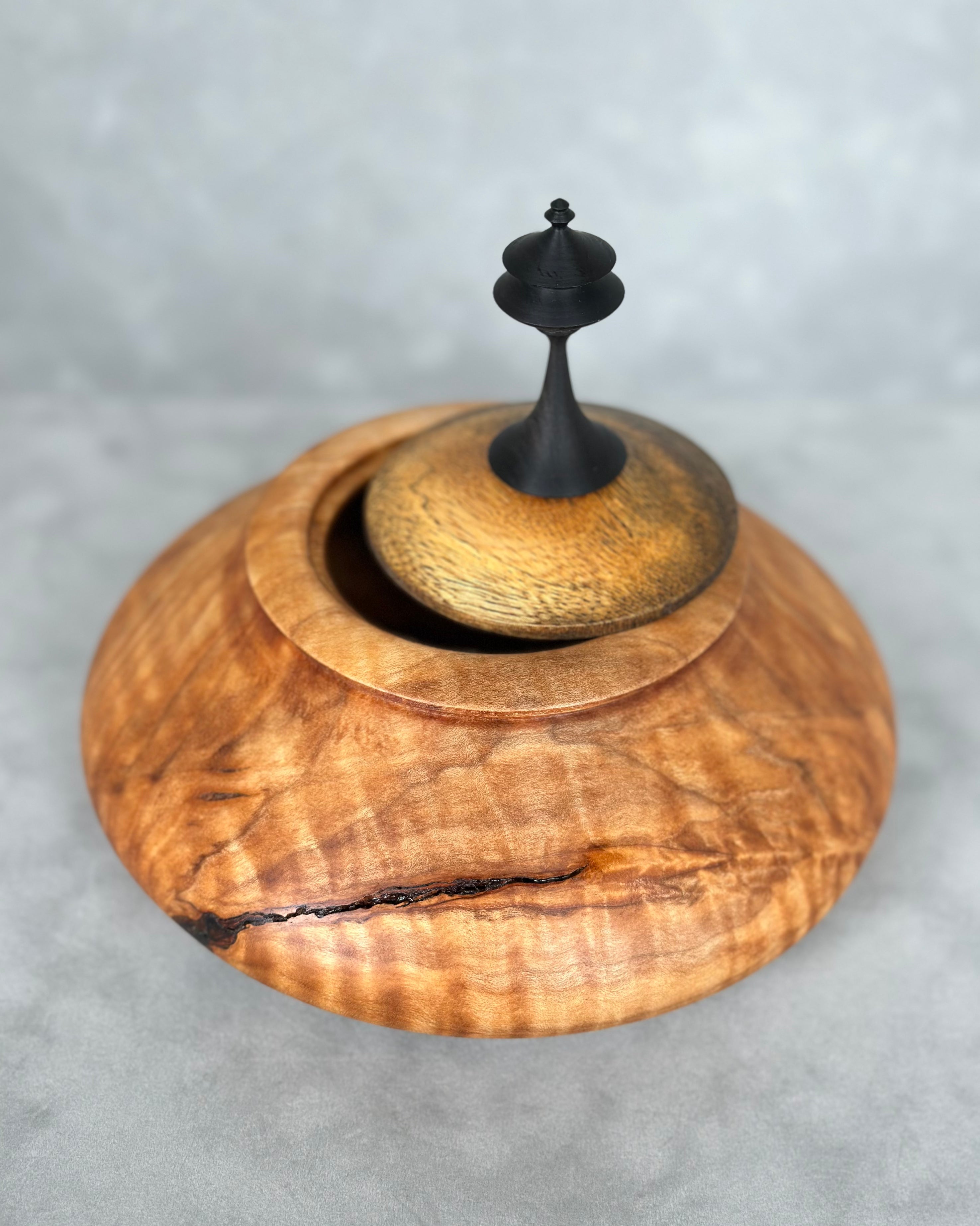 Figured Maple Hollow Form with African Blackwood Lid and Finial