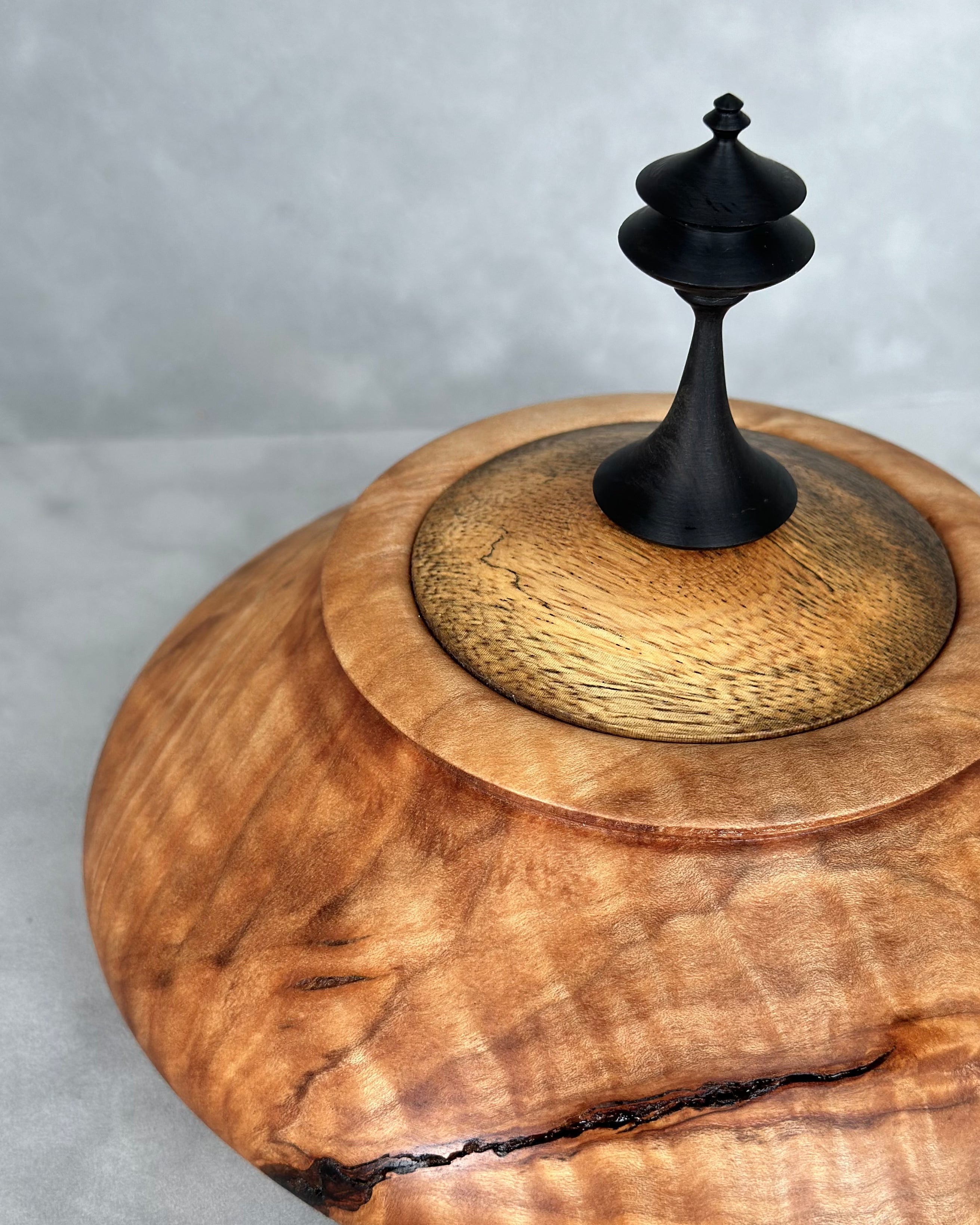 Figured Maple Hollow Form with African Blackwood Lid and Finial