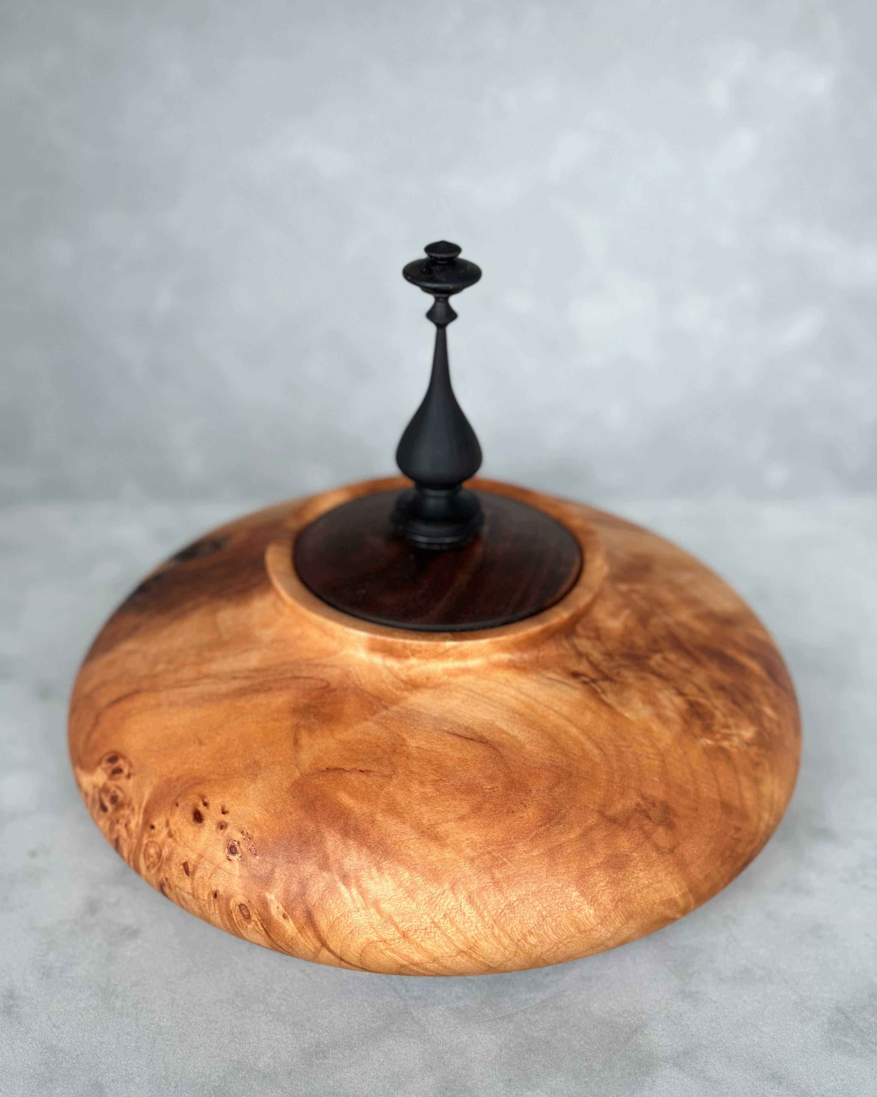 Figured Maple Hollow Form with Black Walnut Lid and African Blackwood Finial