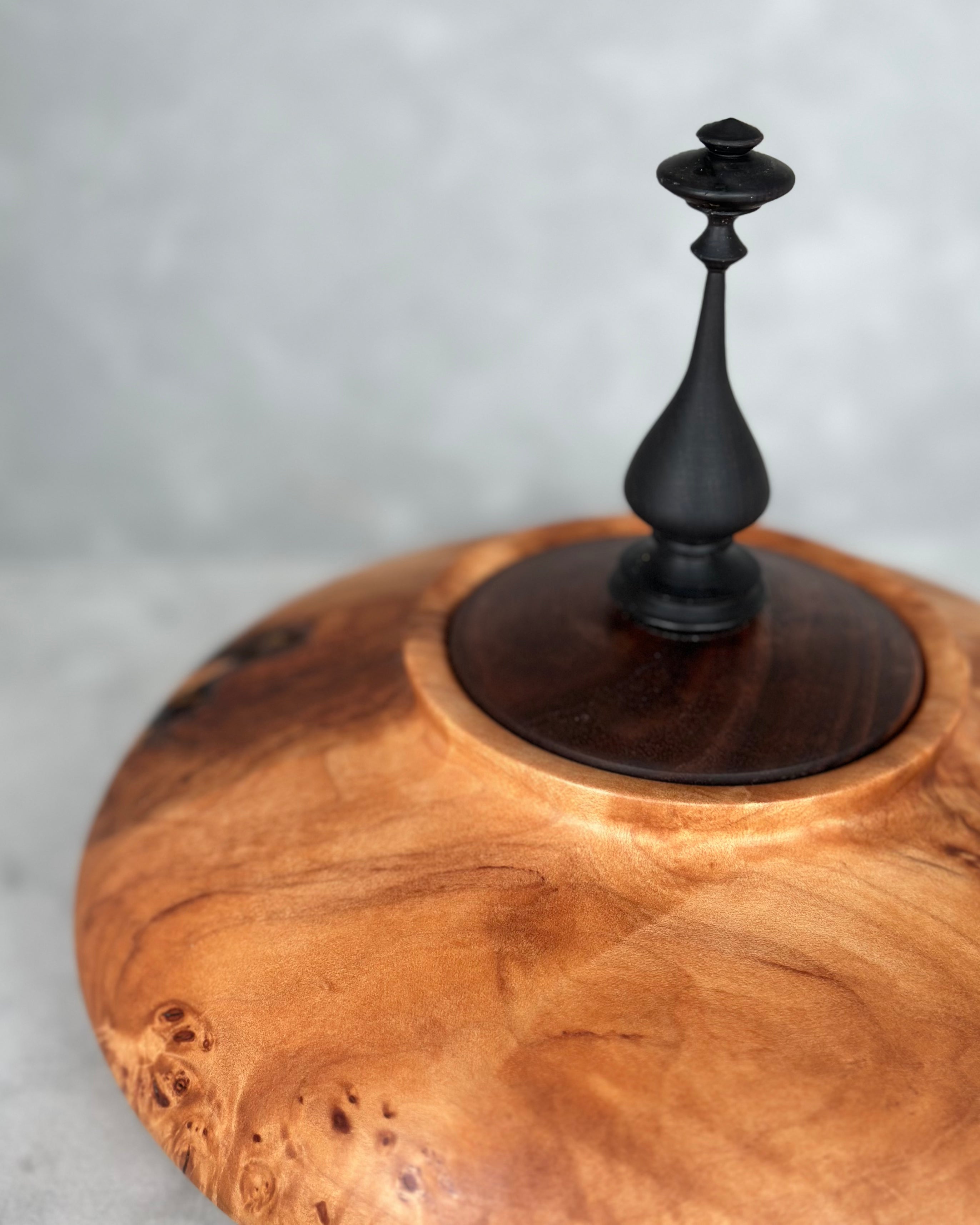 Figured Maple Hollow Form with Black Walnut Lid and African Blackwood Finial