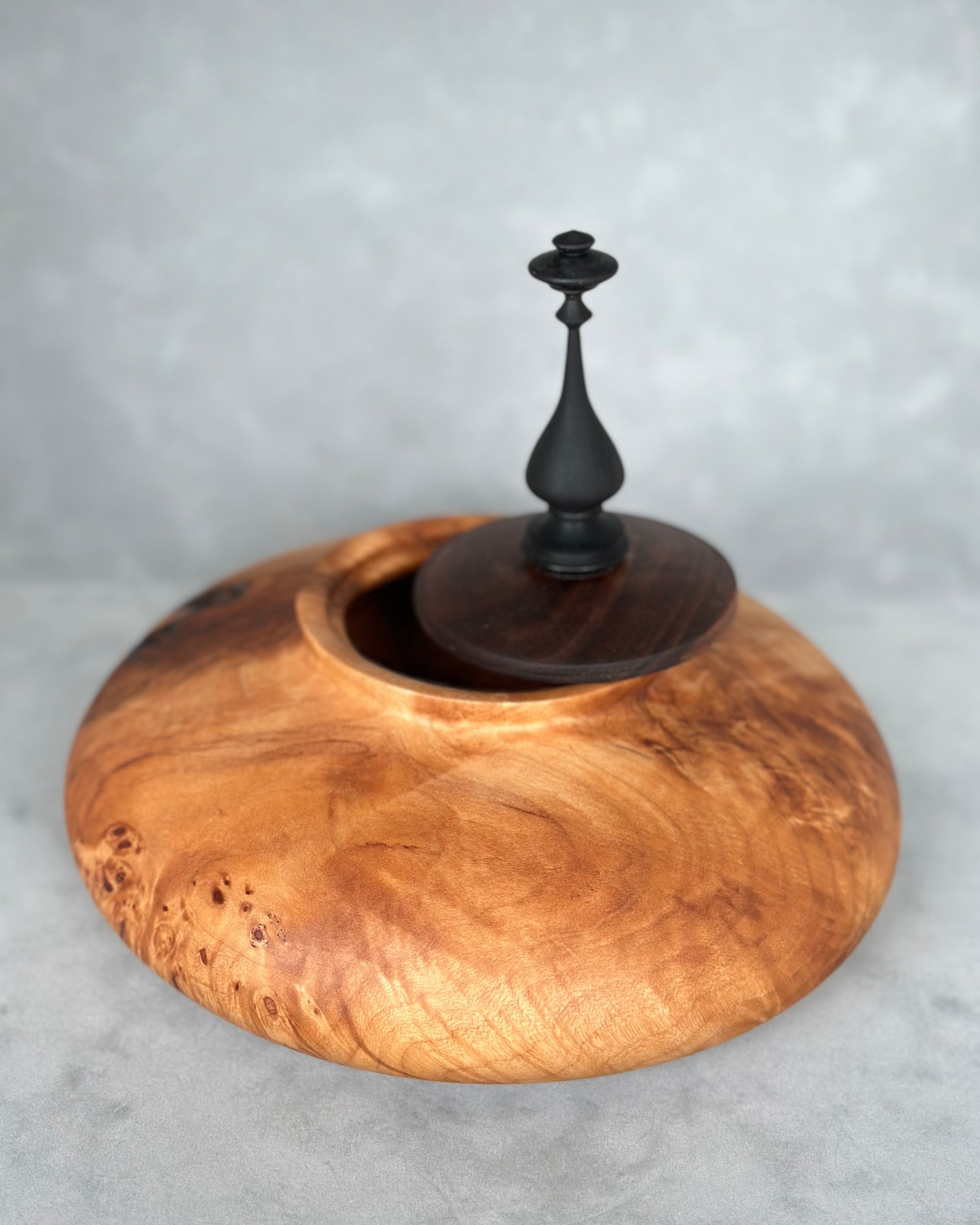 Figured Maple Hollow Form with Black Walnut Lid and African Blackwood Finial