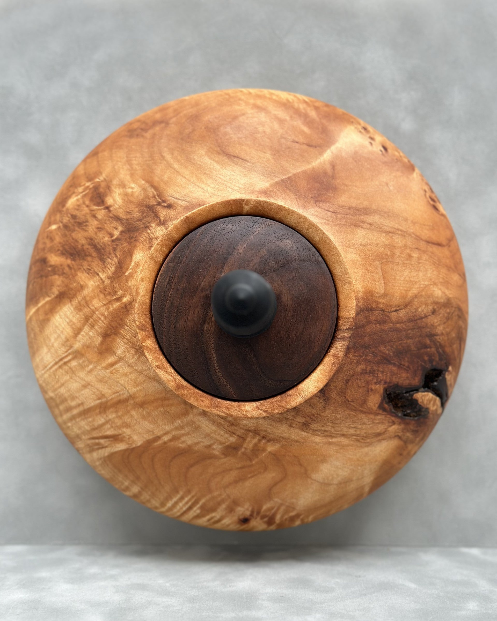 Figured Maple Hollow Form with Black Walnut Lid and African Blackwood Finial